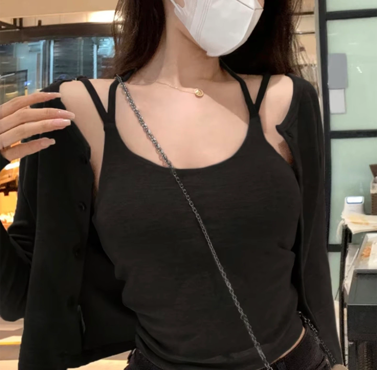 Black Camisole Top with Cardigan