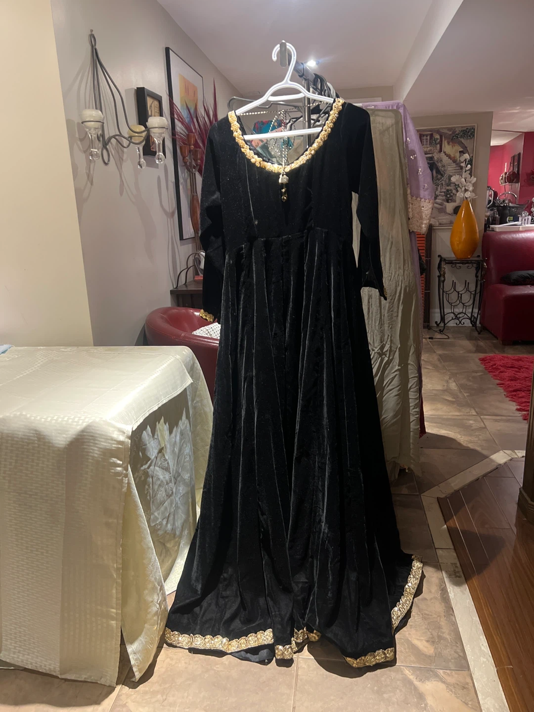 Black Velvet Dress with Gold Trim
