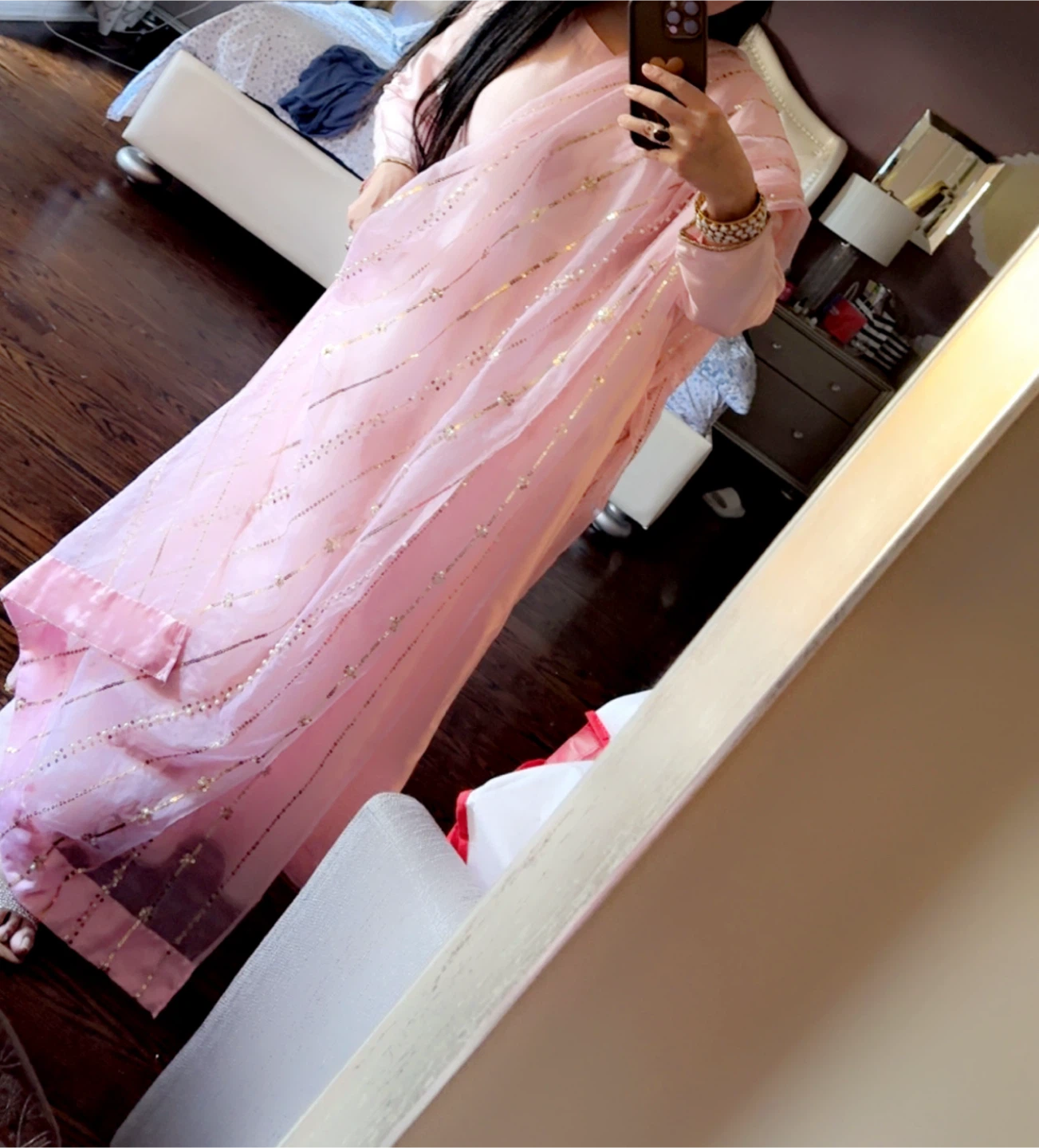 Pink dupatta with gold sequin and thread work