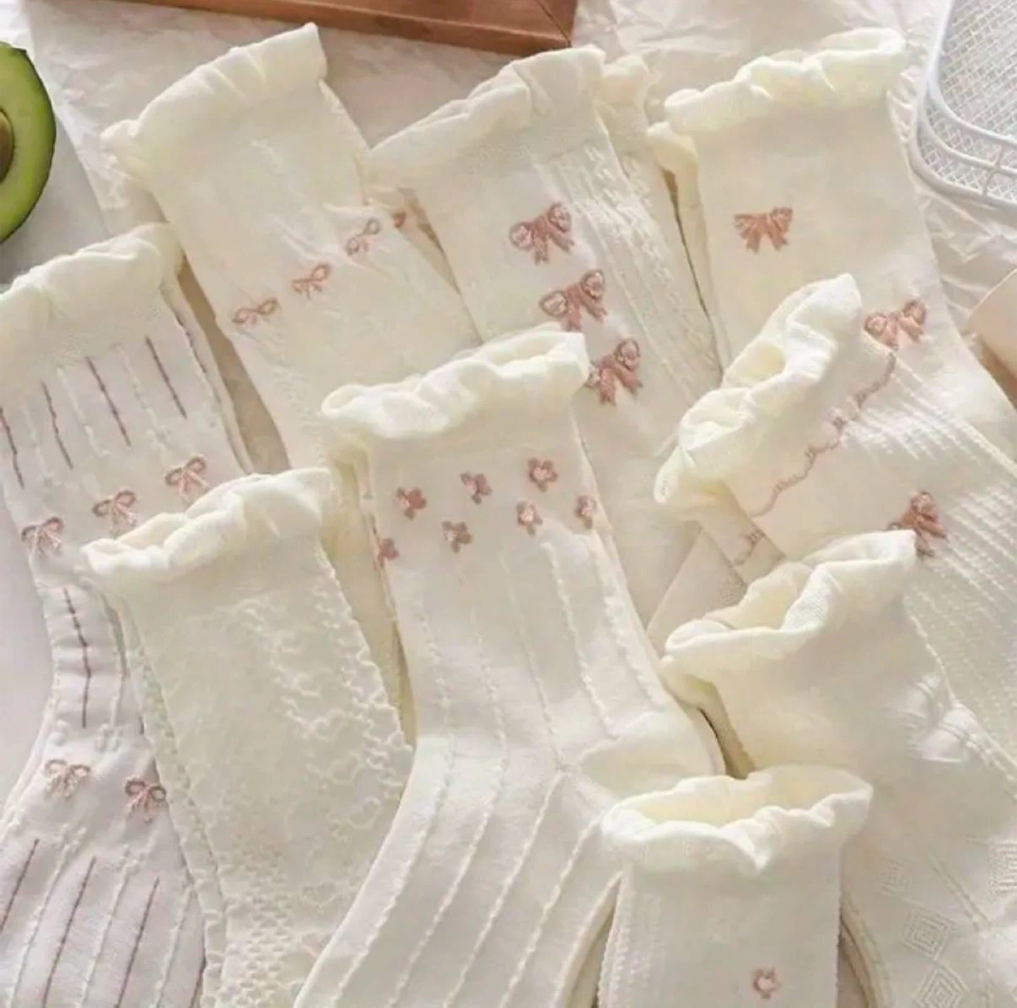 Cream Ruffled Bow Socks (Set of 9)