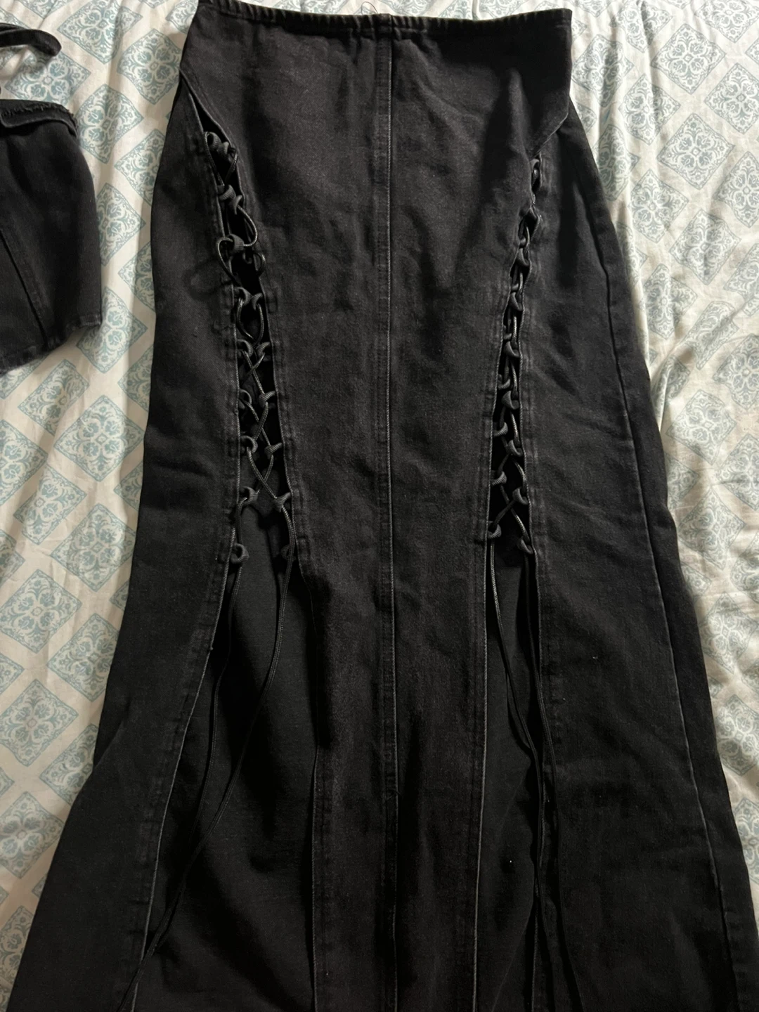 Black Denim Corset Top and Maxi Skirt Set grungy/y2k set