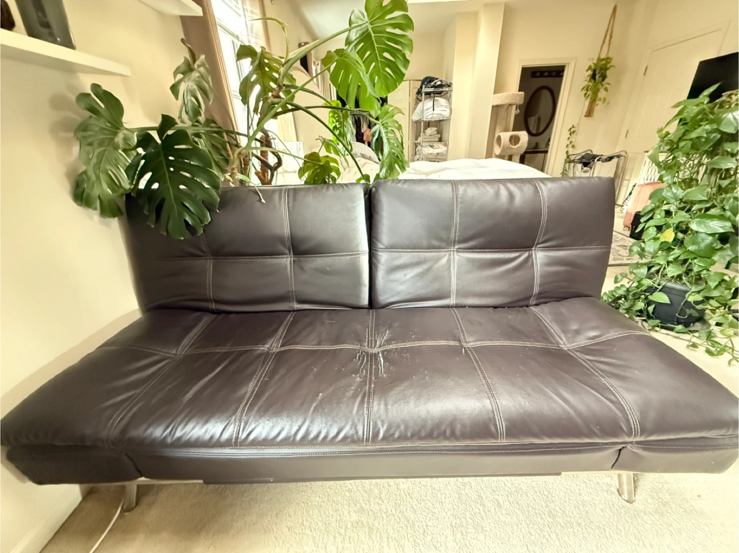 Brown Faux Leather Futon Sofa Bed with Built-in Outlet - photo 3