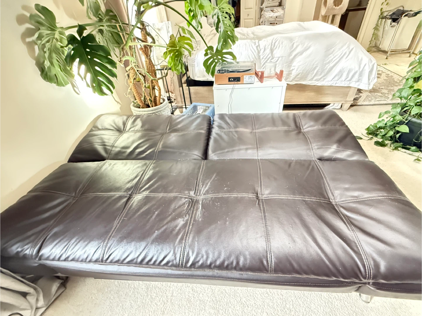Brown Faux Leather Futon Sofa Bed with Built-in Outlet