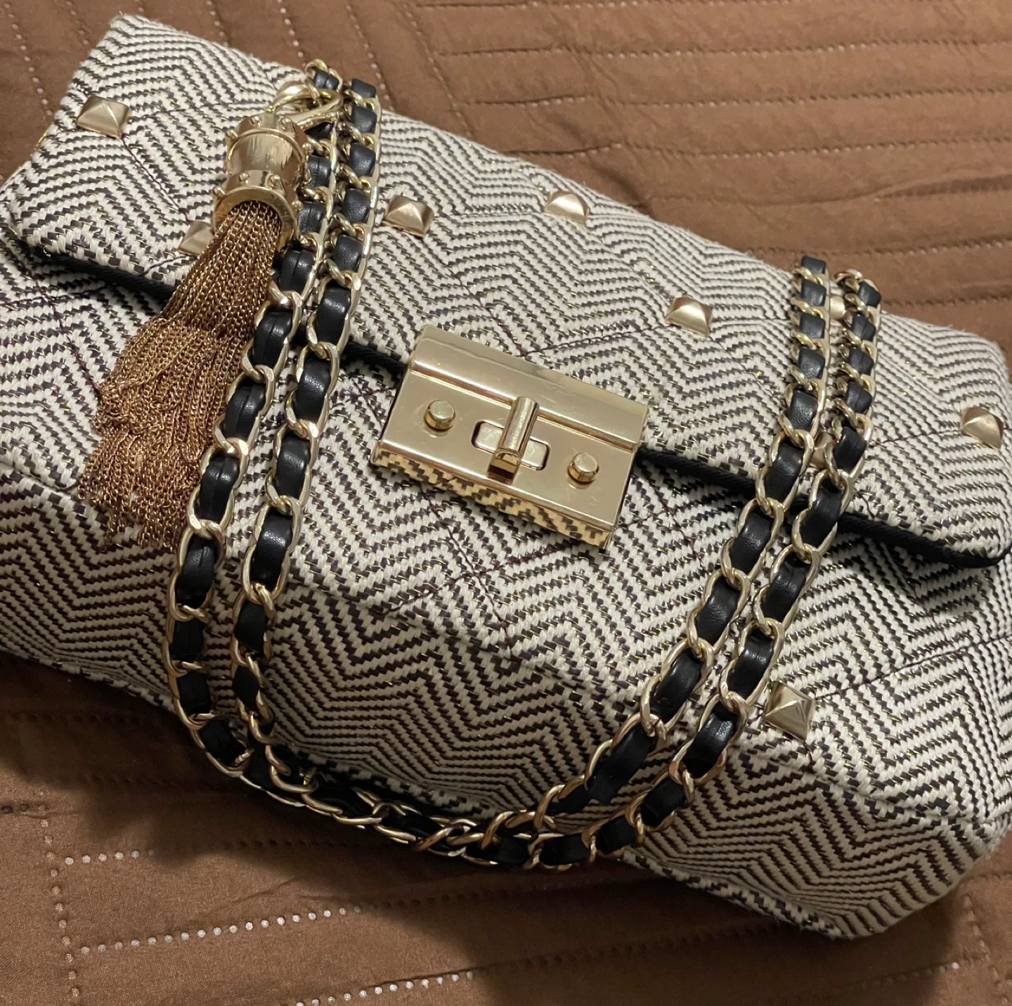 Quilted Chain Shoulder Bag with Tassel