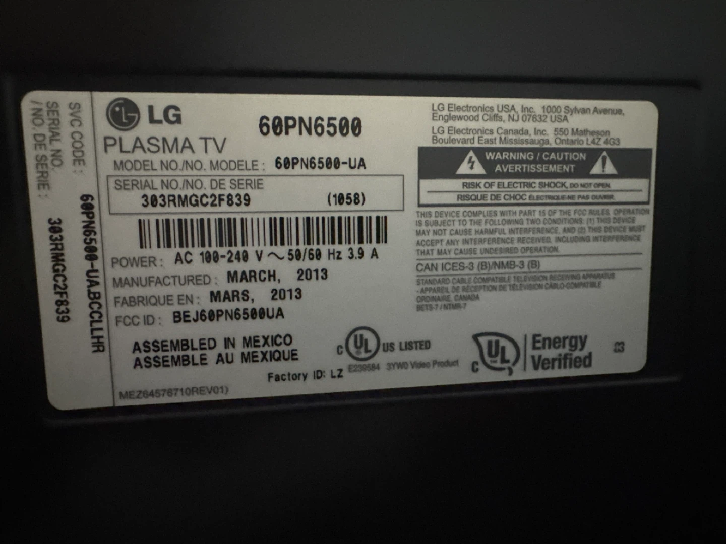 60” LG Plasma TV  – $200