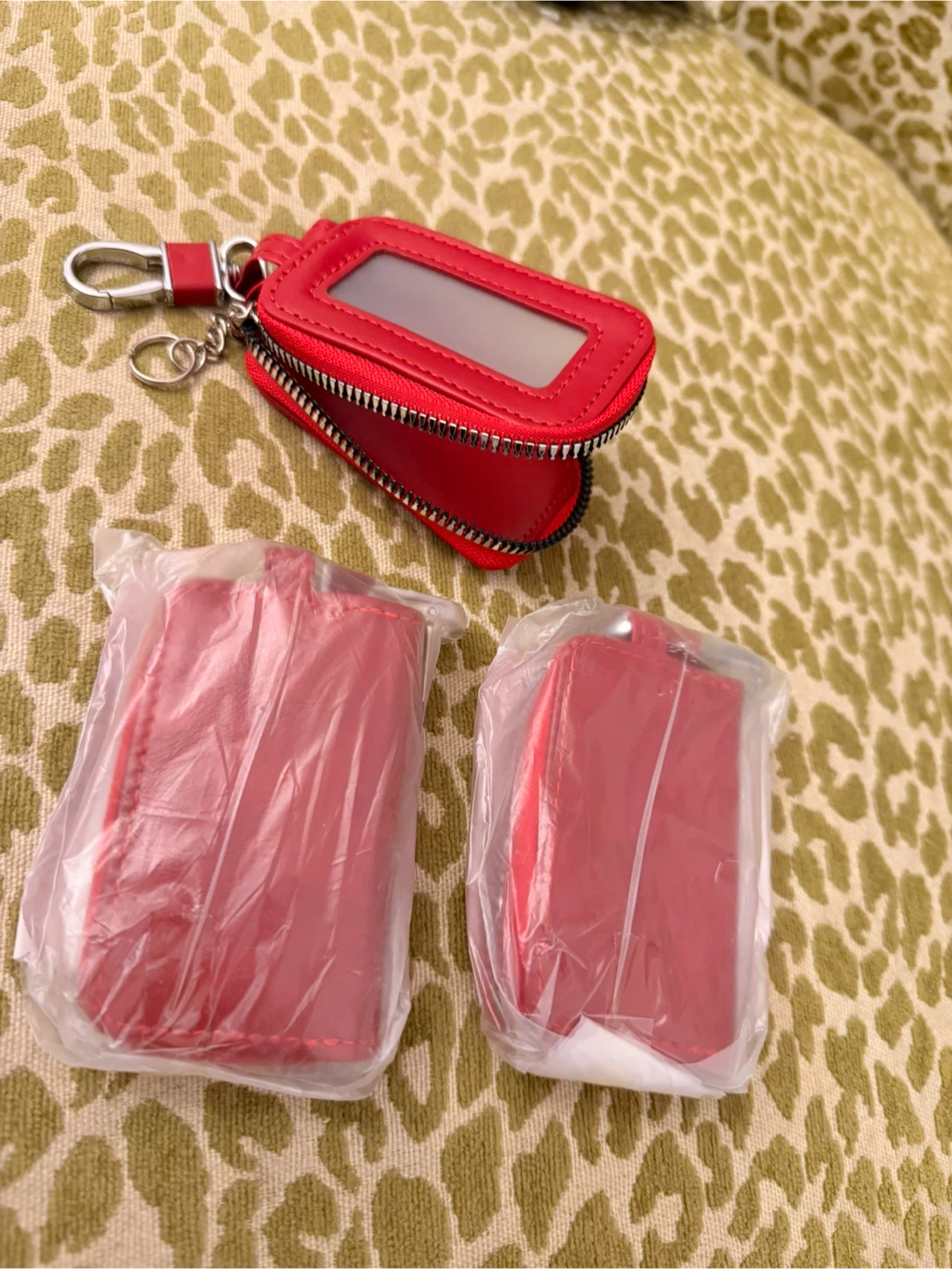 Red Leather Key Fob Case with Zipper Pouch