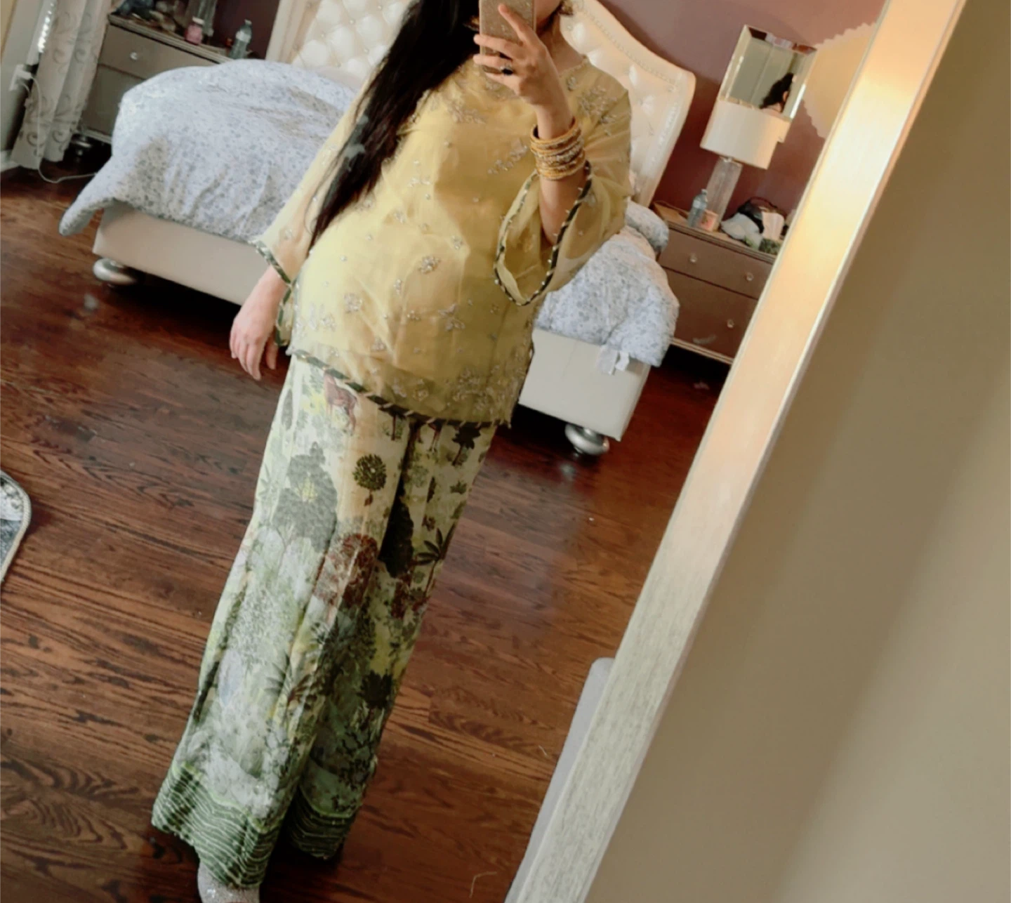 Women's Yellow Embroidered Kurti with Printed Pants