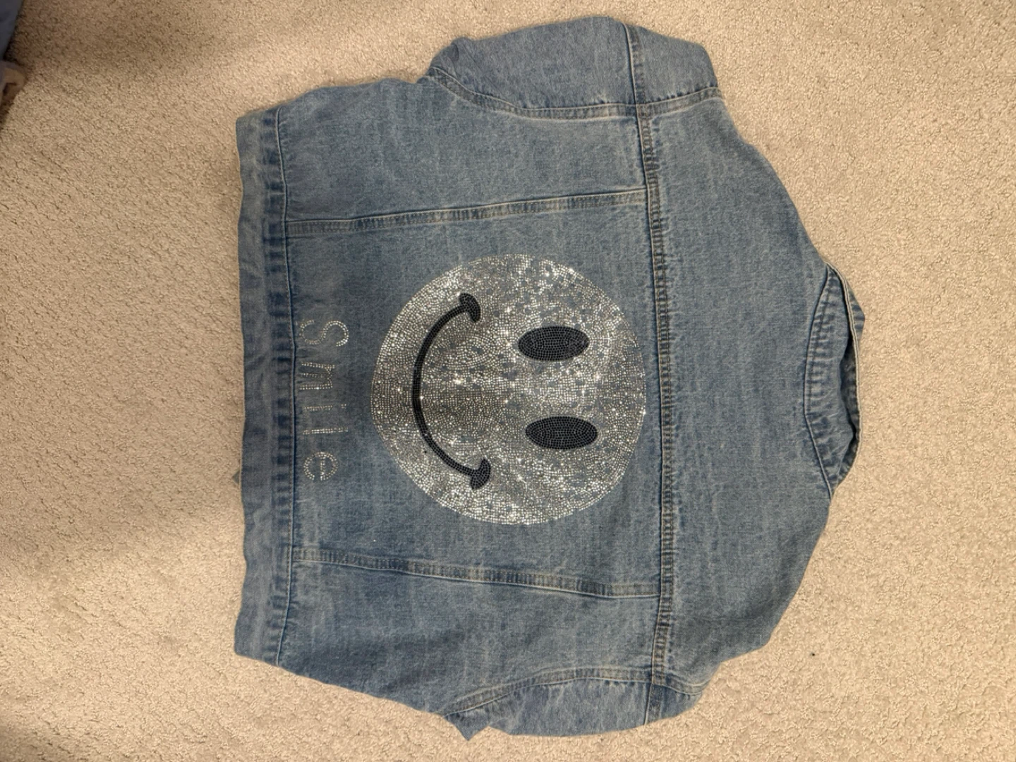 Women's Denim Jacket with Rhinestone Smiley Face
