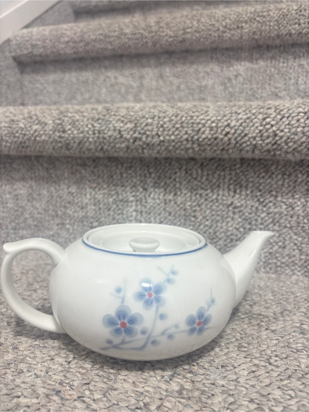 White Ceramic Teapot with Blue Floral Design