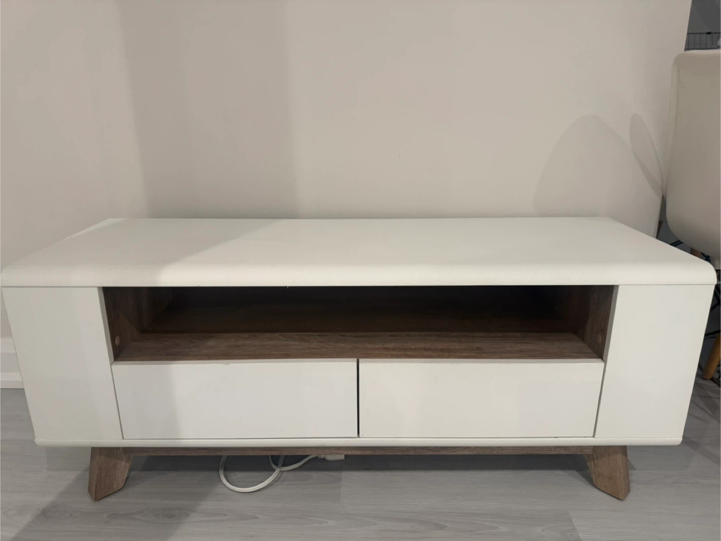 White TV Stand with Drawers and Open Shelf