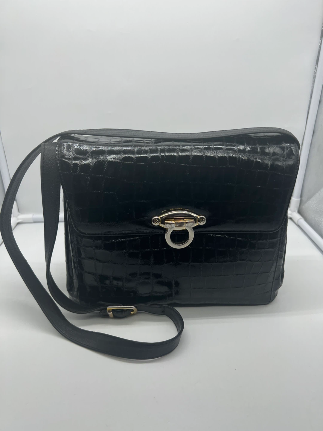 DUE FRATELLI VINTAGE Black Croc Embossed Leather Crossbody Bag