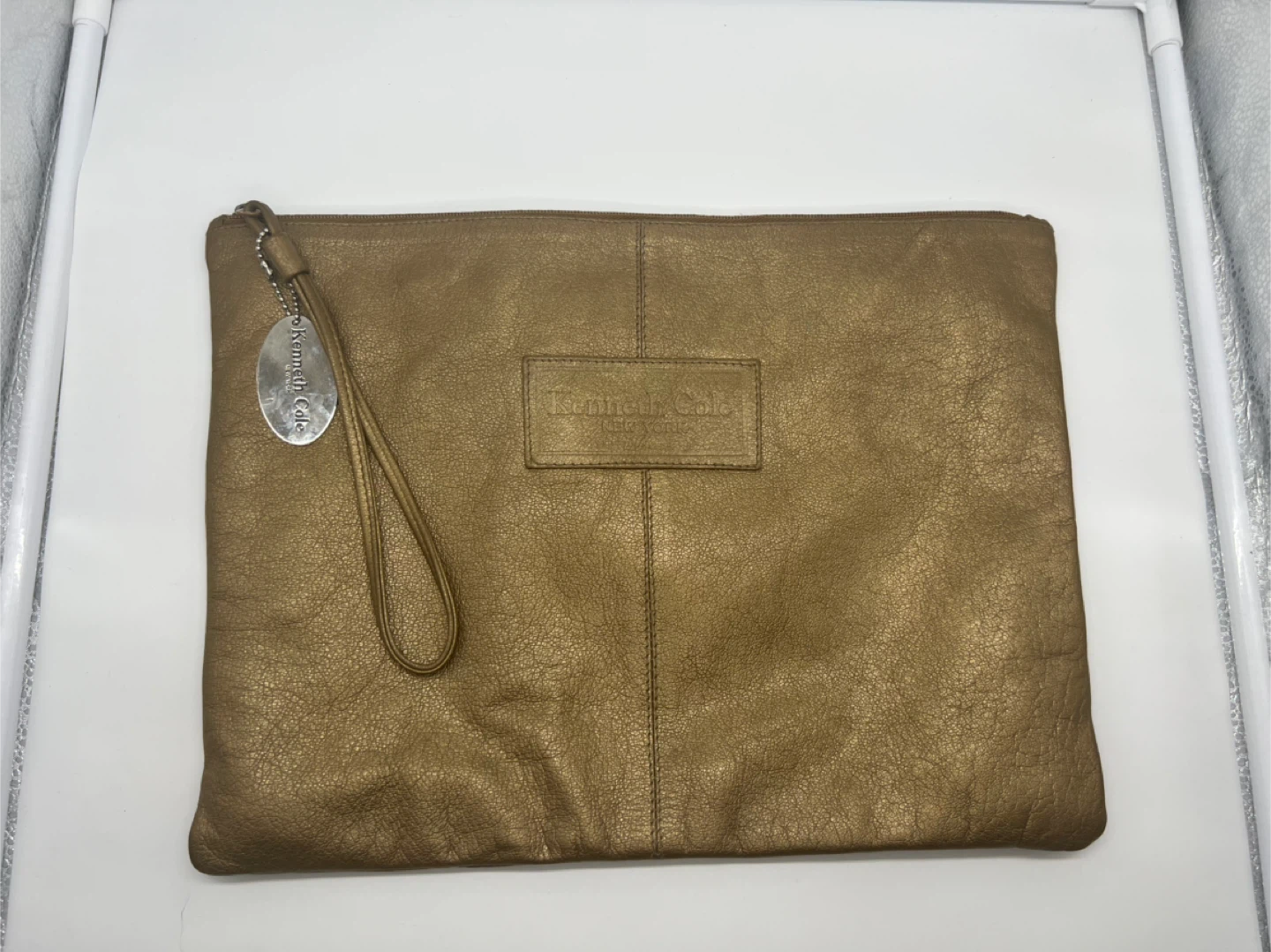 KENNETH COLE NY Bronze Leather Oversized Clutch Unisex