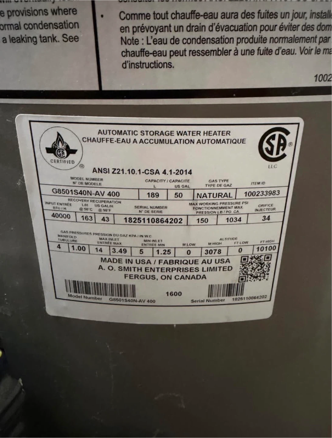 A.O. Smith Automatic Water Heater G801540N-AV 400