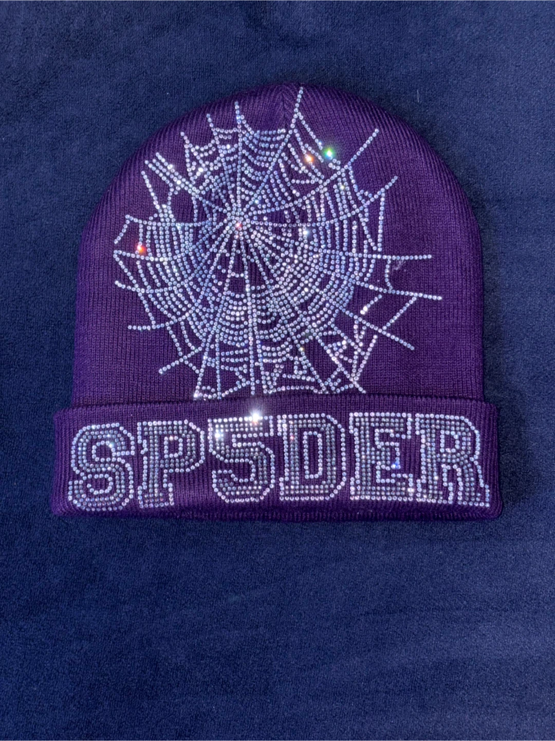 SP5DER Worldwide Beanie - Purple Rhinestone Spiderweb