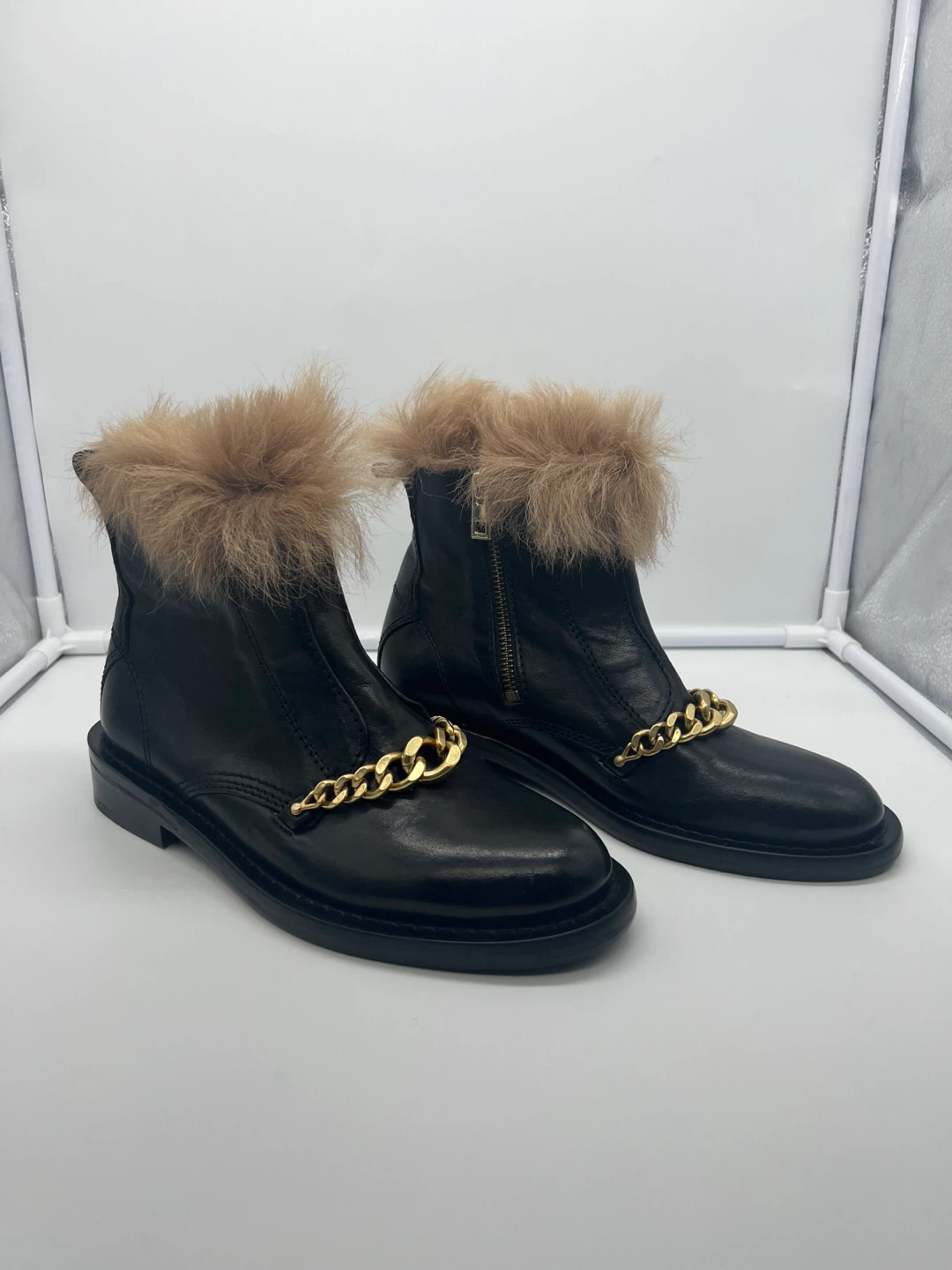 ZADIG & VOLTAIRE Laureen Faux Fur Black Leather Ankle Boots 36 - photo 3