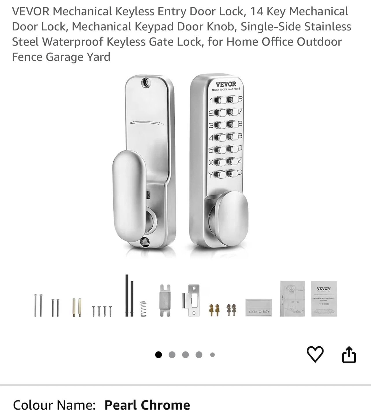 VEVOR Mechanical Keyless Entry Door Lock - Pearl Chrome MK