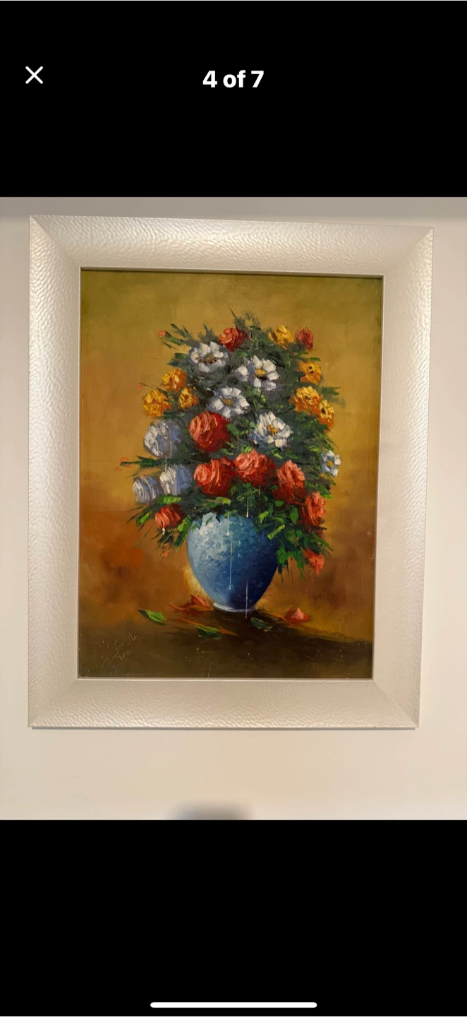 Original Framed Oil Painting of Flowers in Blue Vase - photo 2