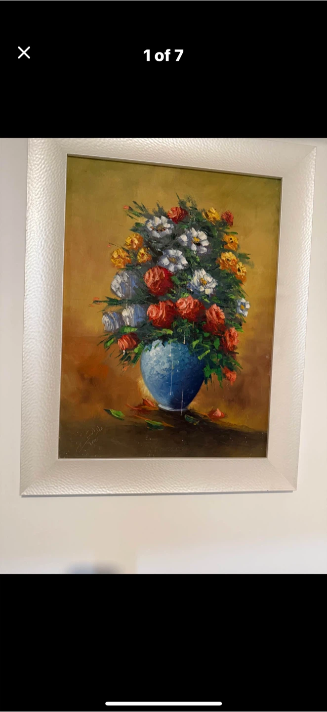 Original Framed Oil Painting of Flowers in Blue Vase