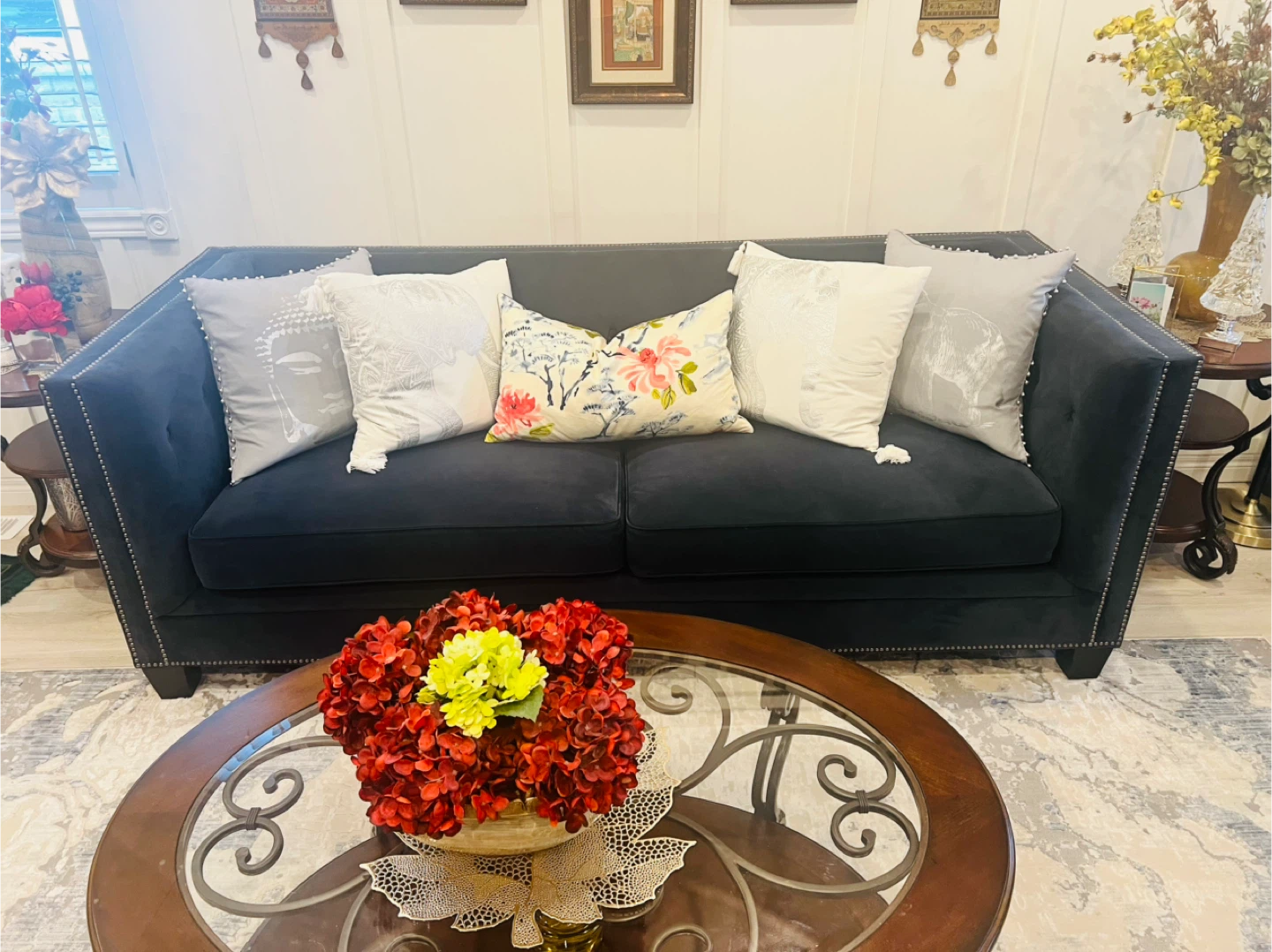 Dark Grey Velvet Sofa with Studded Arms - photo 5