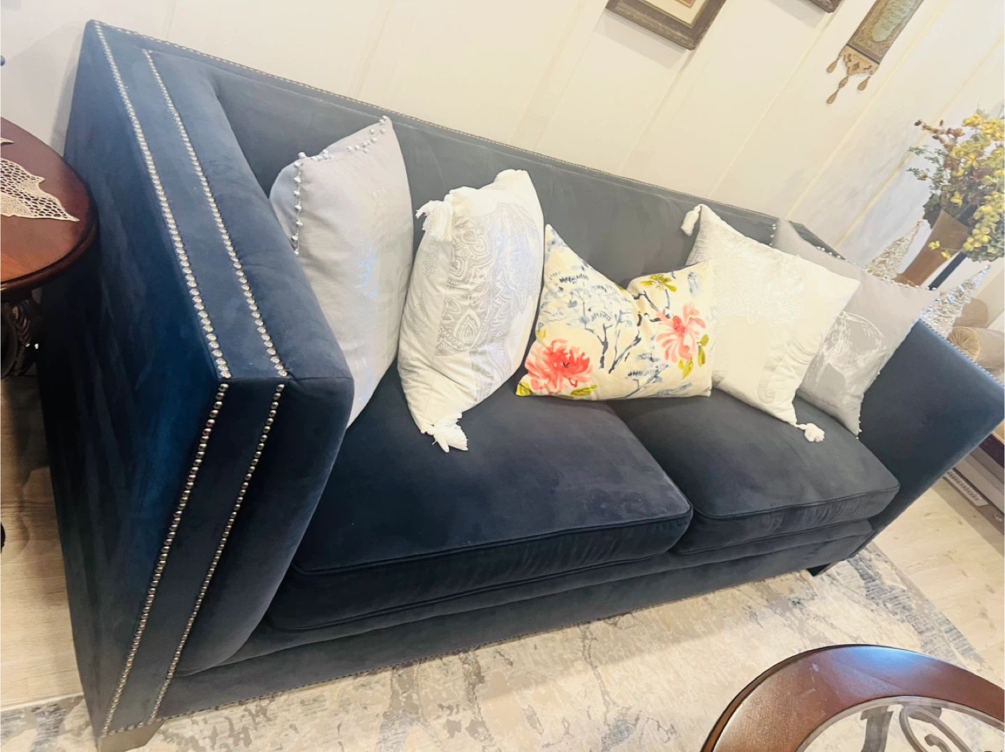 Dark Grey Velvet Sofa with Studded Arms - photo 4