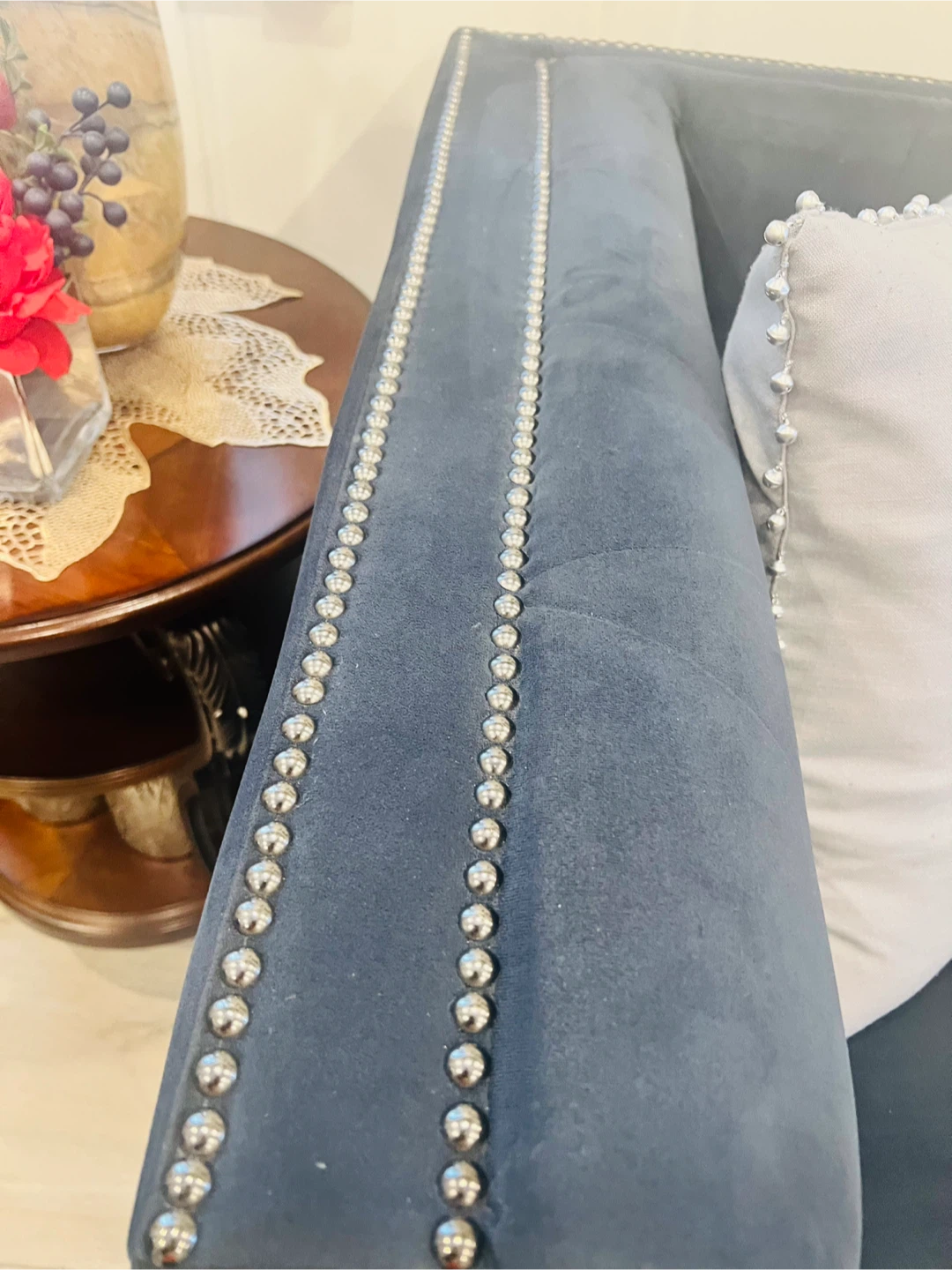 Dark Grey Velvet Sofa with Studded Arms - photo 2