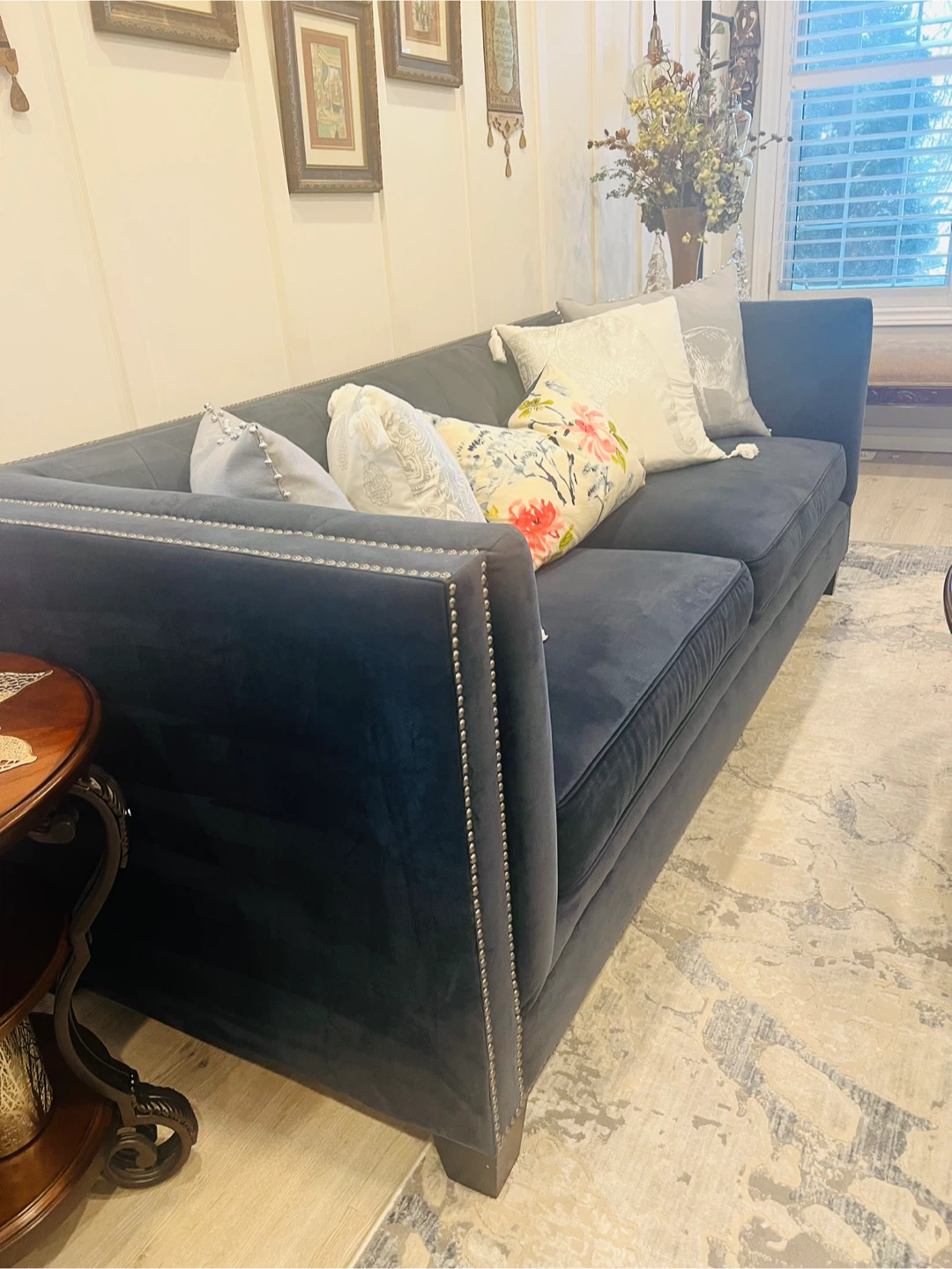 Dark Grey Velvet Sofa with Studded Arms