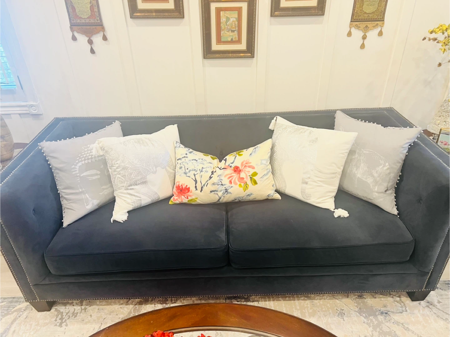 Dark Grey Velvet Sofa with Studded Arms - photo 3
