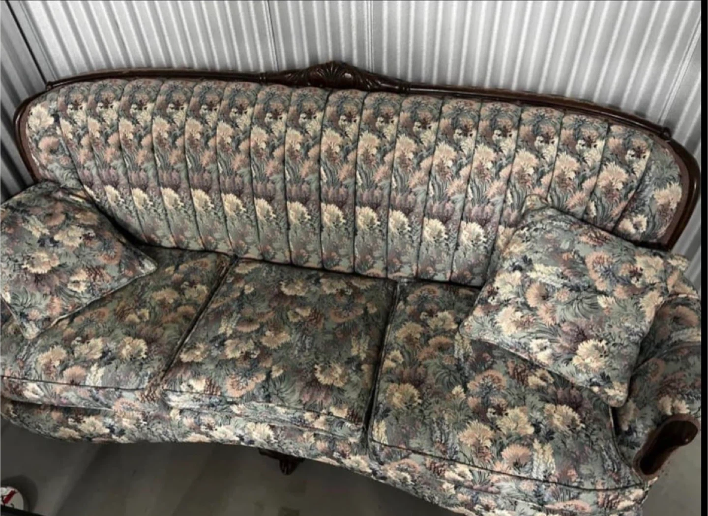 Antique Floral Sofa with Wood Trim