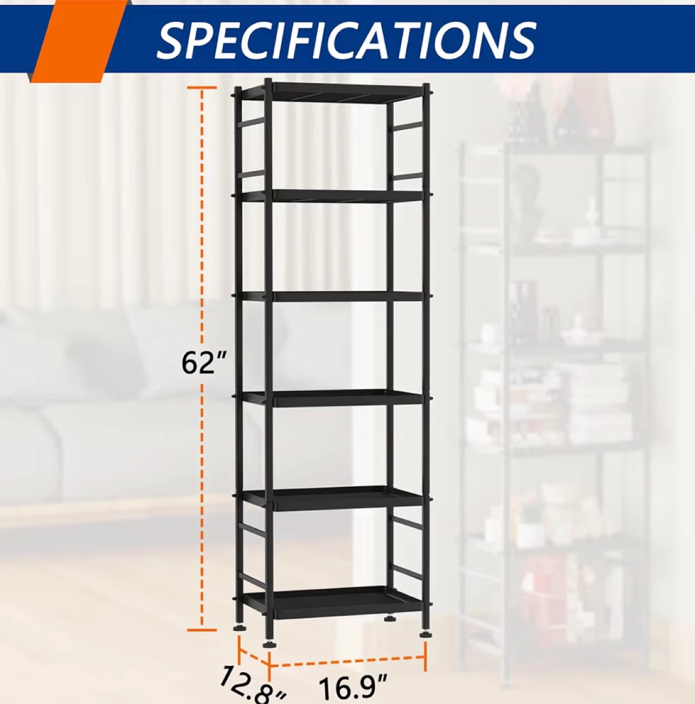6 Tier Black Bookshelf / Storage Shelf - photo 3
