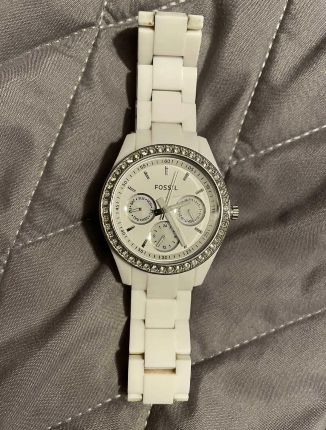 White Fossil Watch with Rhinestone Bezel