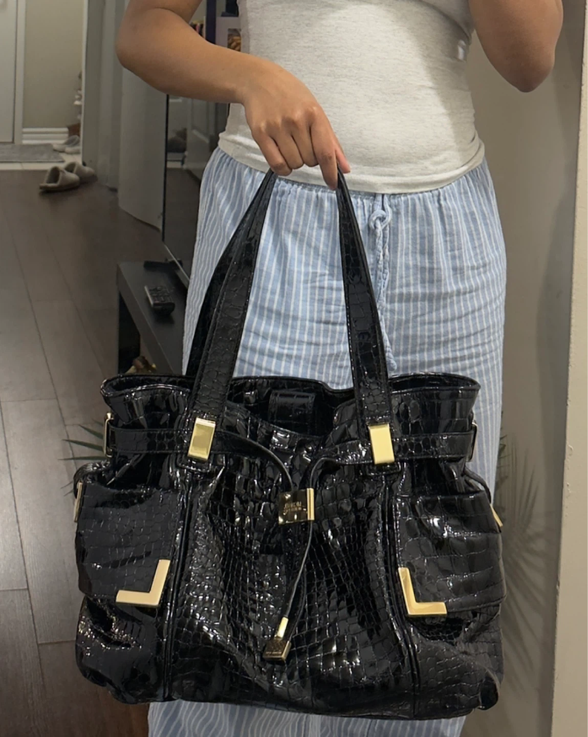 Michael Kors Black Patent Croc Embossed Shoulder Tote Bag