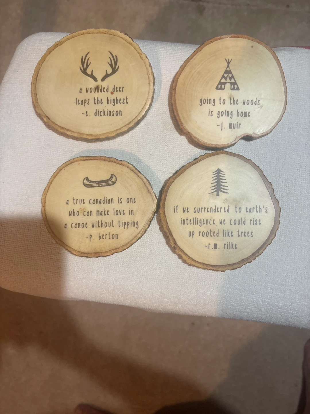 Set of 4 Wood Slice Coasters with Quotes