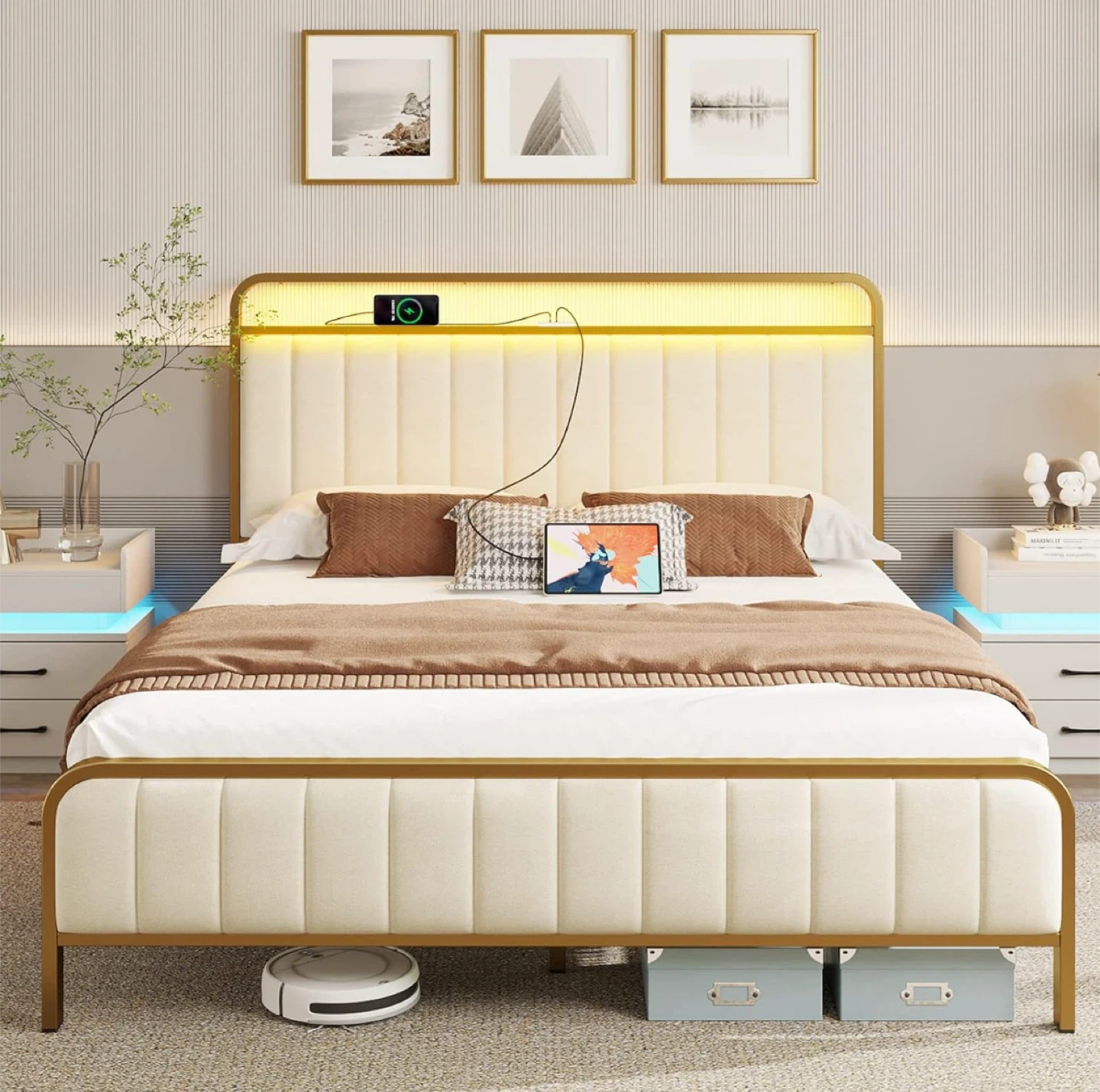 Full Size Bed Frame with LED Light Strip