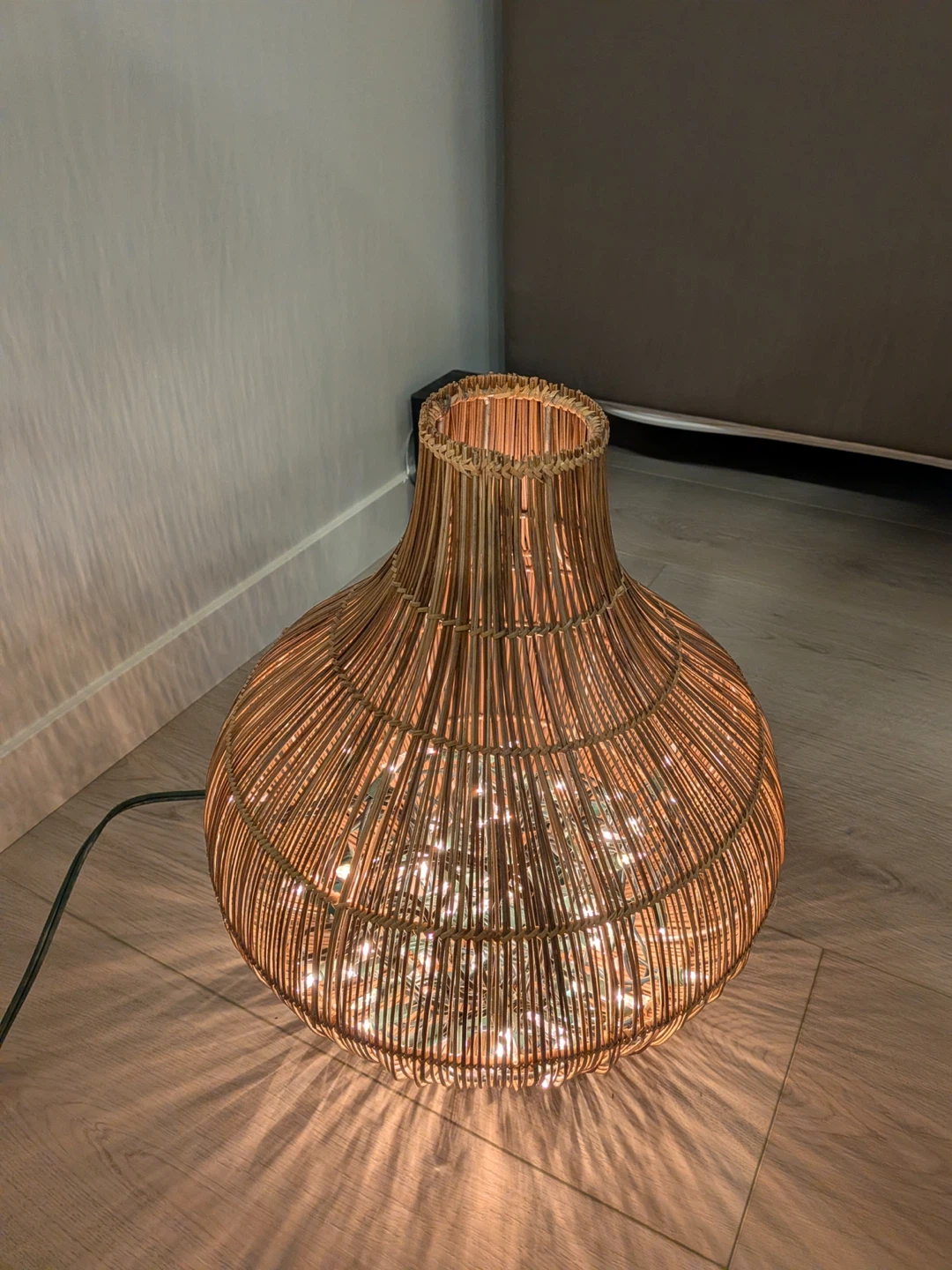Woven Rattan Table Lamp with String Lights