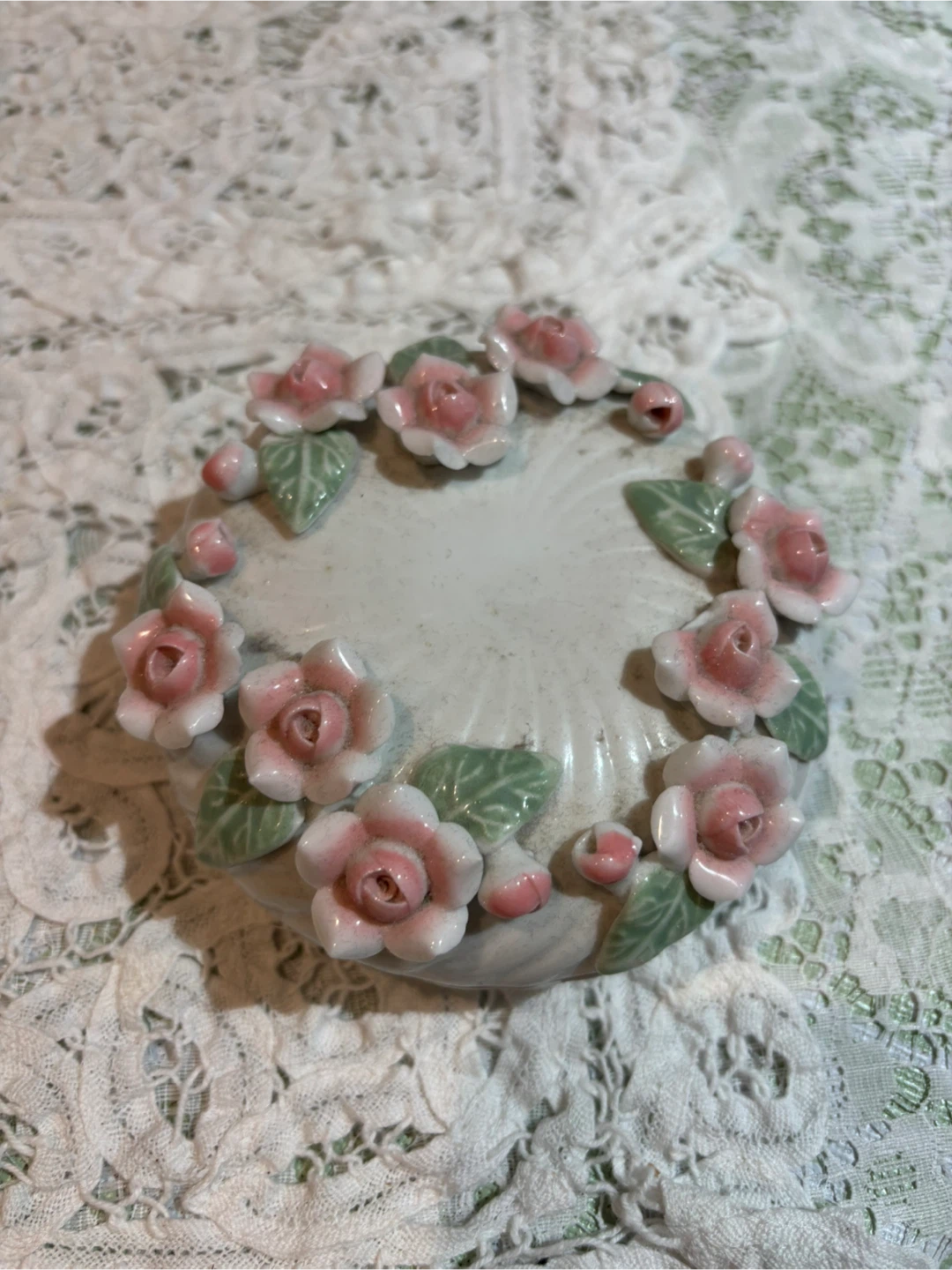🥕Ceramic Trinket Dish with Pink Roses