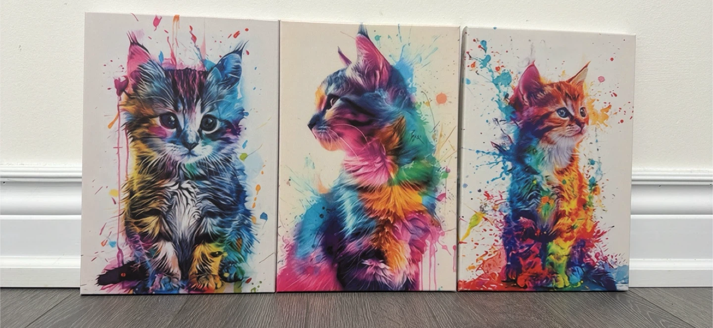 Canvas Wall Art Set of 3 - Colourful Kitten Prints