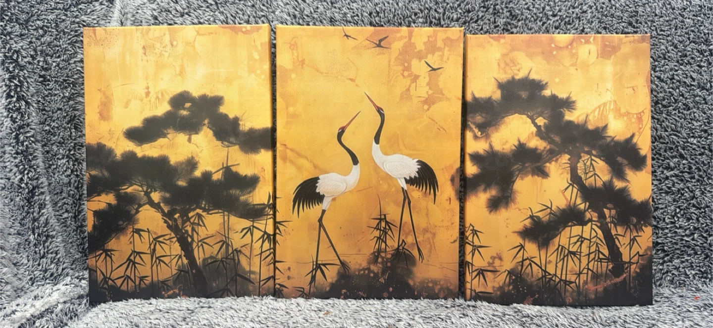 Triptych Wall Art - Cranes and Pine Trees