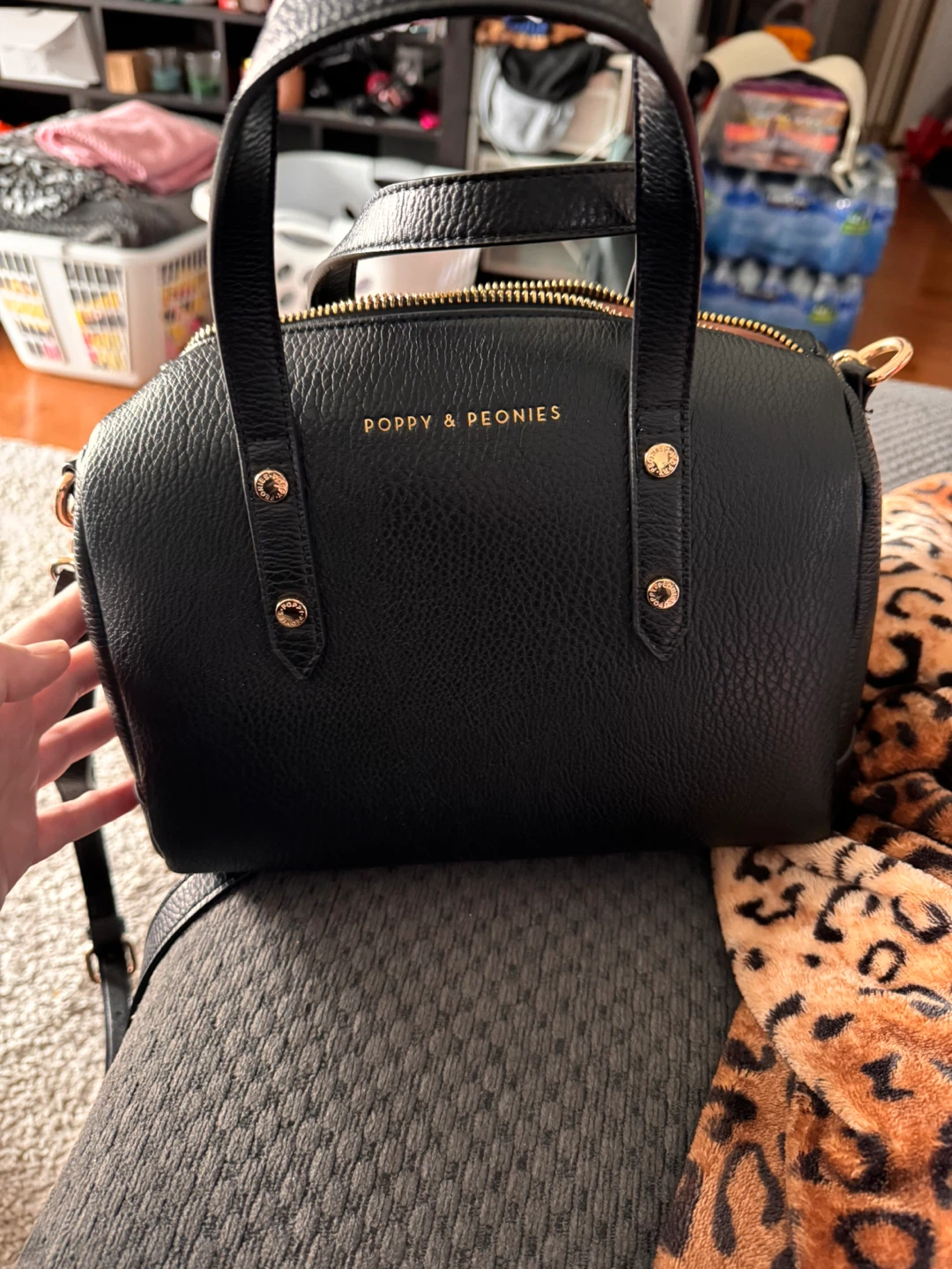 Poppy & Peonies Black Leather Satchel Bag