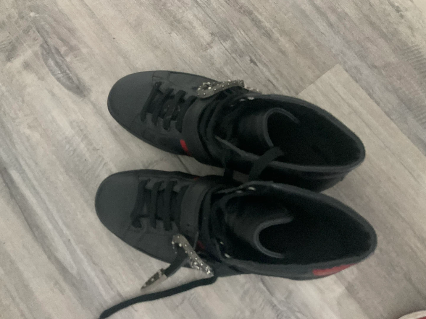 Authentic Gucci Black Leather High-Top Sneakers with Red Stripe