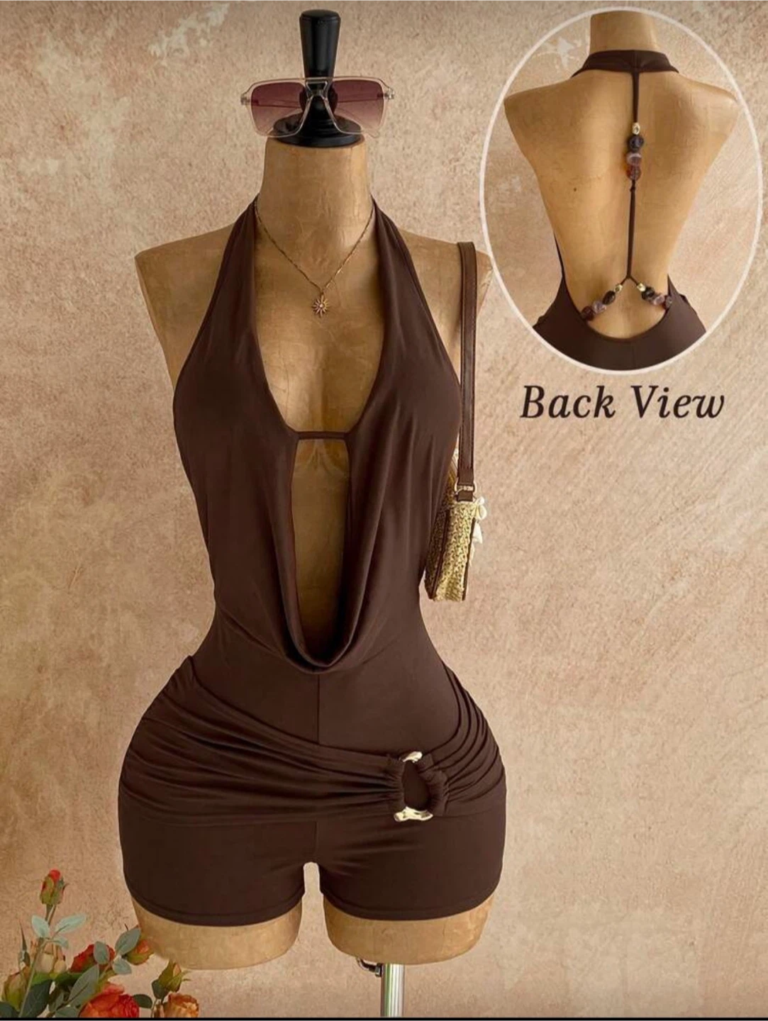Brown Halter Neck Romper with Beaded Back Detail