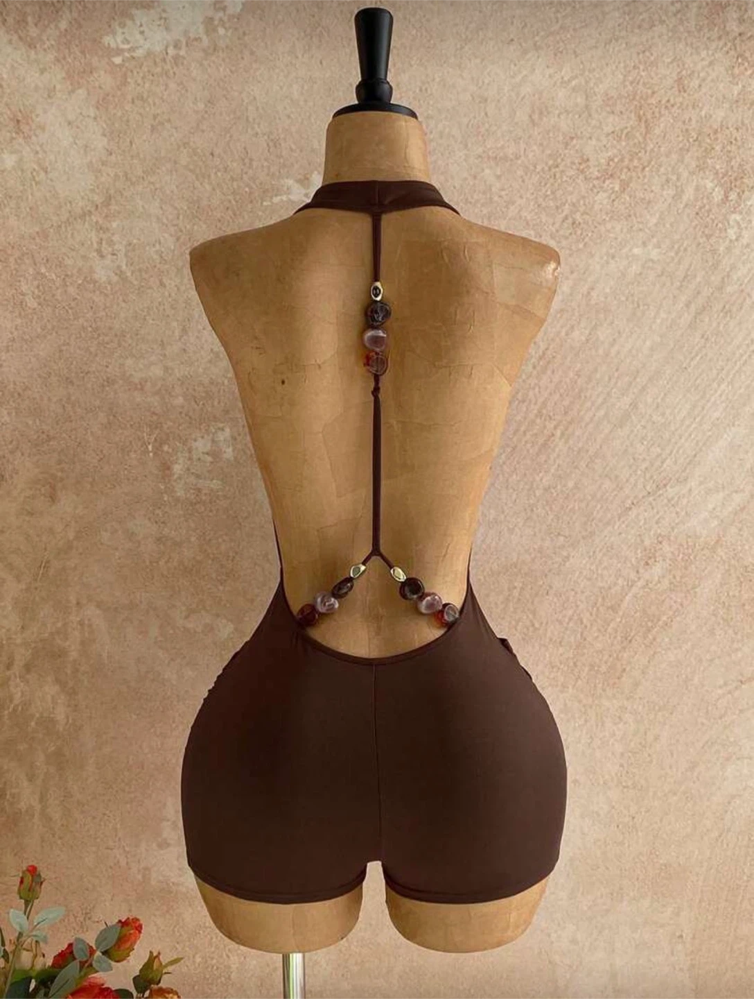 Brown Halter Neck Romper with Beaded Back Detail - photo 2