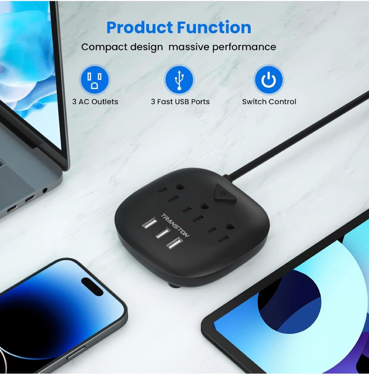 TRANSTON Power Strip with 3 AC Outlets and 3 USB Ports - photo 2