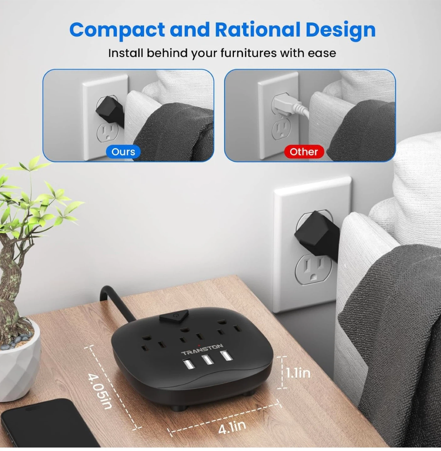 TRANSTON Power Strip with 3 AC Outlets and 3 USB Ports - photo 3