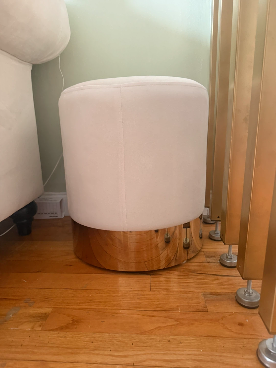 Cream Velvet Ottoman with Wood Base