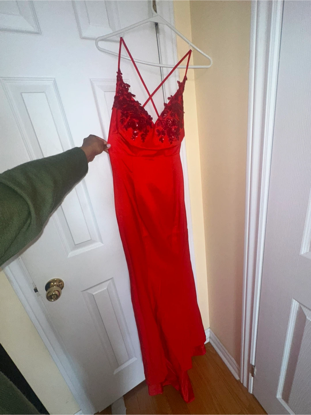 Red Formal Gown with Lace Sequin Detail