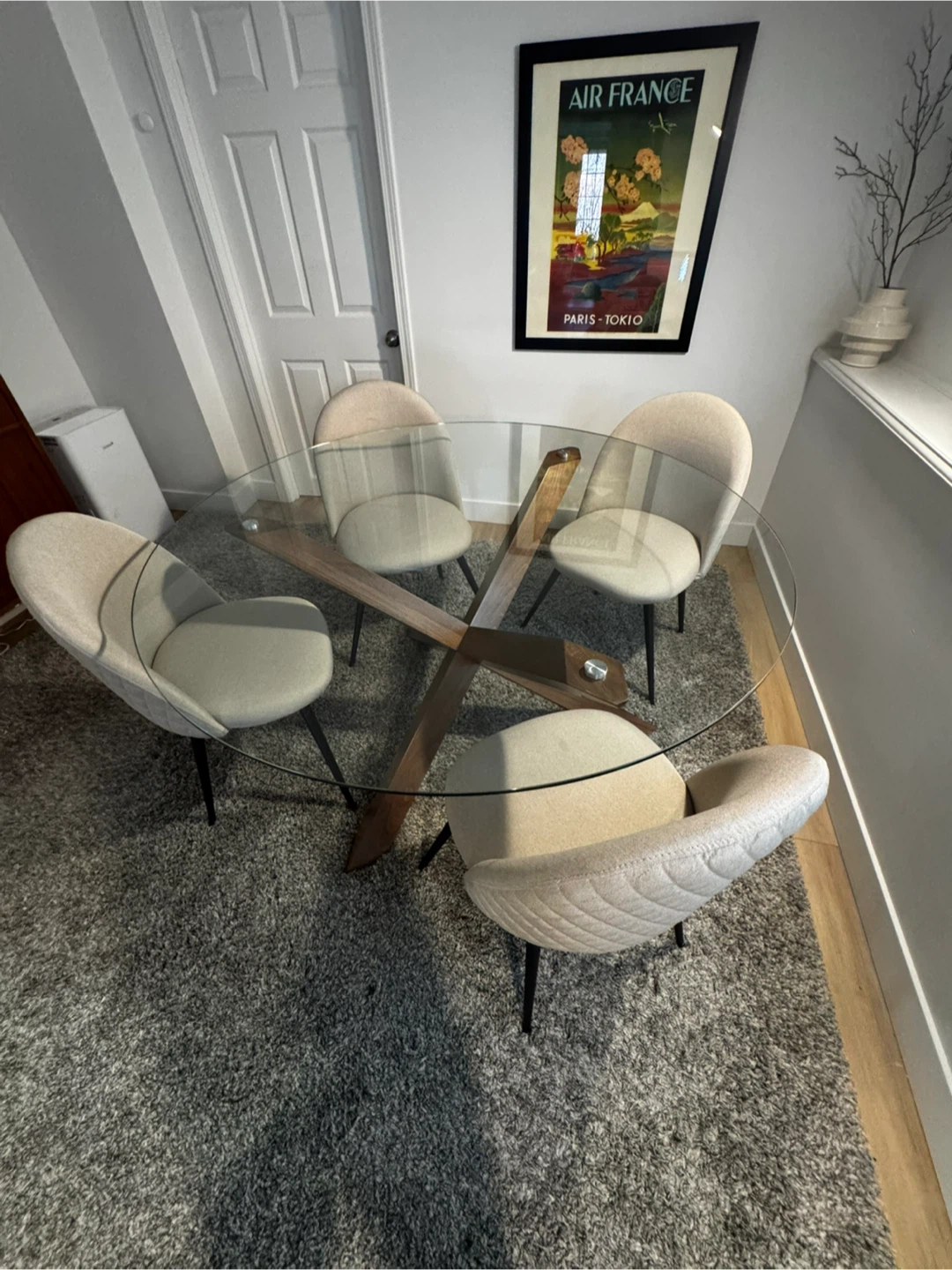 Glass Round Dining Table  and 4 Upholstered Chairs