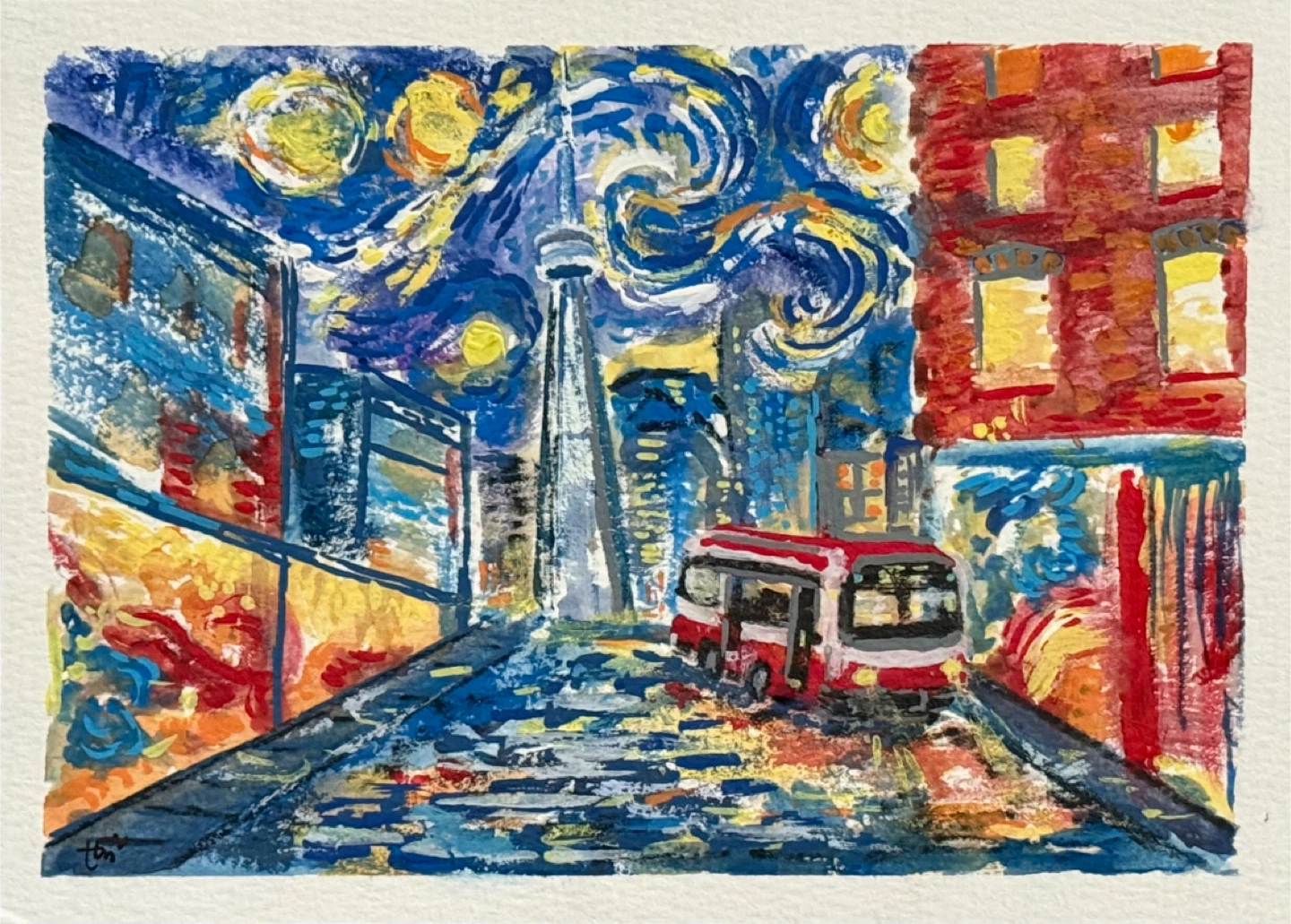 “Urban Reverie” -Toronto Night Painting with CN tower &  TTC Bus