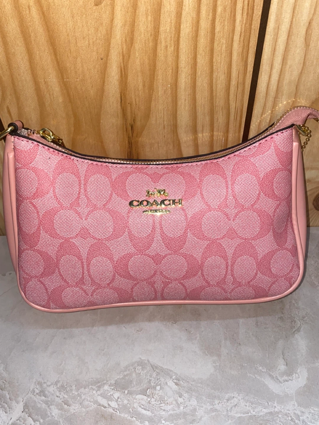 Coach Pink Signature Pattern Wristlet Pouch