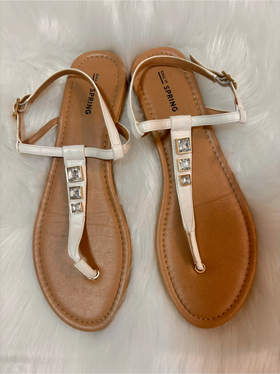 Call It Spring White Thong Sandals with Rhinestones