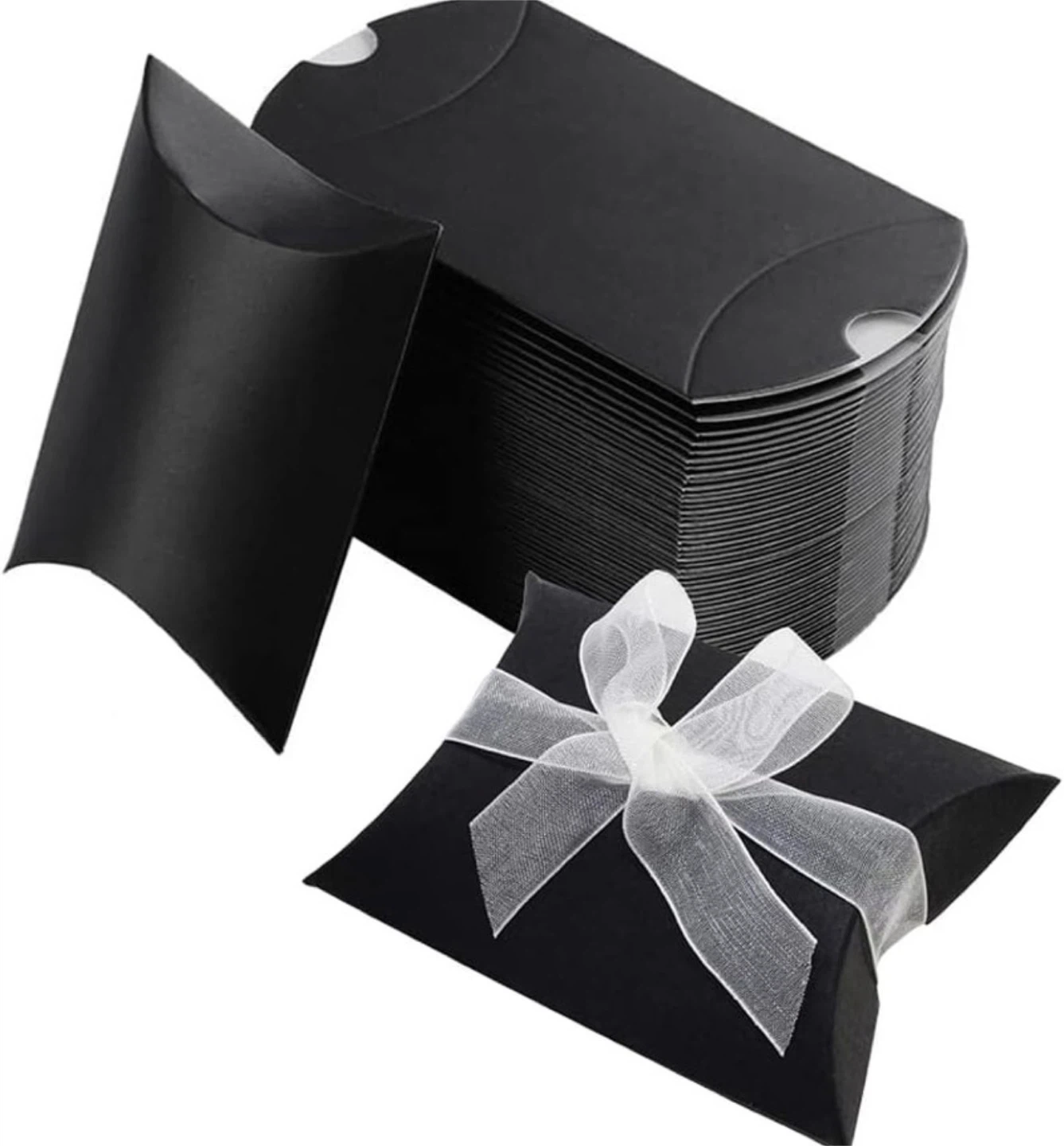 50PCS Black Kraft Paper Pillow Box with Ribbon